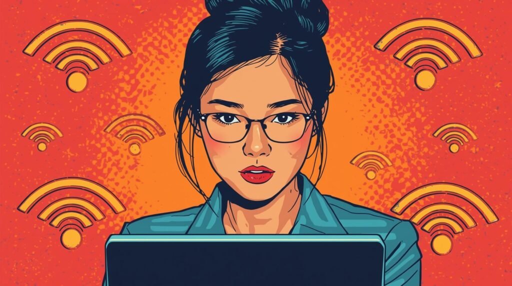WiFi Monitor Mode Explained: Sniffing Networks the Ethical Way 🧠 5 Woman focused on laptop, pop-art style, Wi-Fi symbols, tech connectivity theme.
