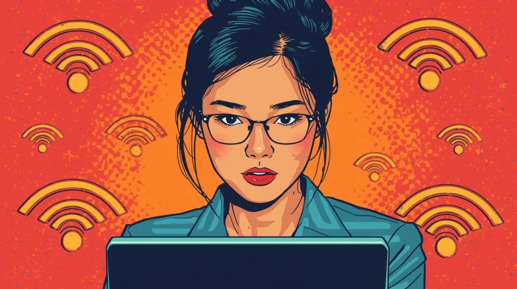 WiFi Monitor Mode Explained: Sniffing Networks the Ethical Way 🧠 5 Woman focused on laptop, pop-art style, Wi-Fi symbols, tech connectivity theme.
