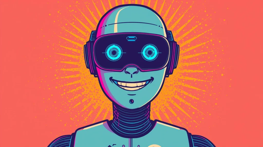 Cheerful teal robot with neon blue goggles on vibrant orange and yellow background.