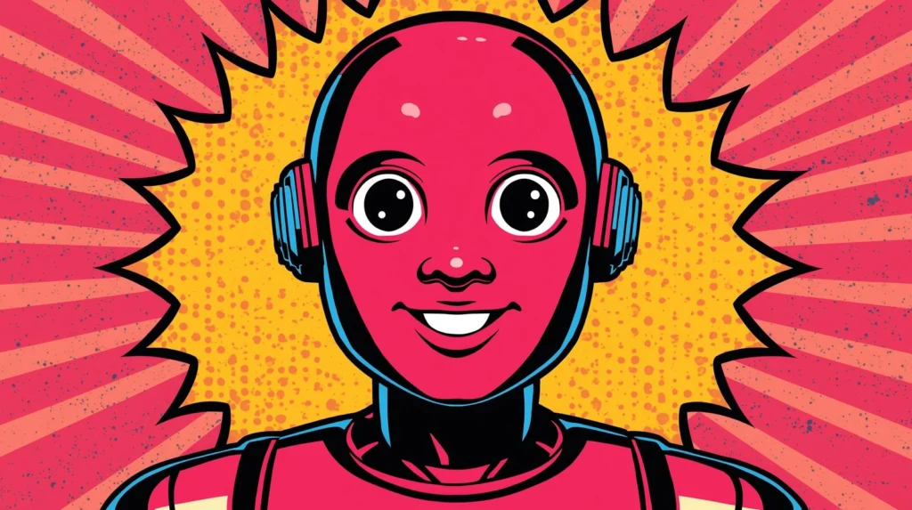 Vibrant pop art robot illustration with magenta face, comic style, and dynamic background.