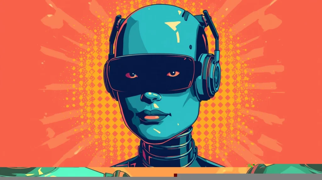 Futuristic robot with blue metallic design, visor glasses, and orange burst background.