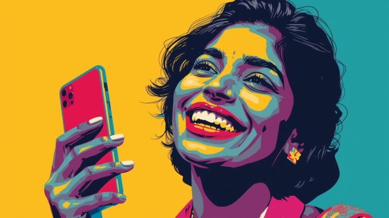 Saily eSIM Review: A Smarter Way to Stay Connected Securely 🛰️ 2 Pop Art illustration of a joyful person holding a smartphone against a vibrant background.