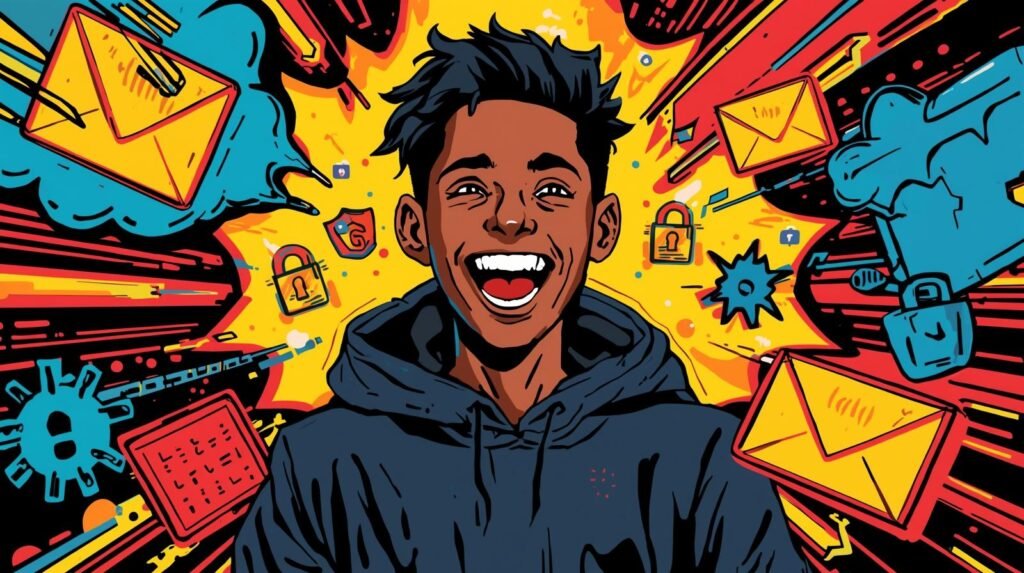 ProtonMail Security for Beginners: What It Protects — and What It Doesn’t 🛡️ 3 Joyful person amidst vibrant digital symbols, highlighting technology, communication, and security in pop art.