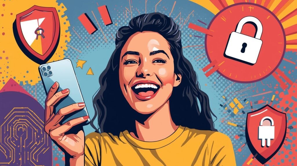 Saily Ultra Review: A Premium eSIM Subscription Explained 🧬 5 Joyful woman with smartphone, cybersecurity symbols, digital protection, technology theme.