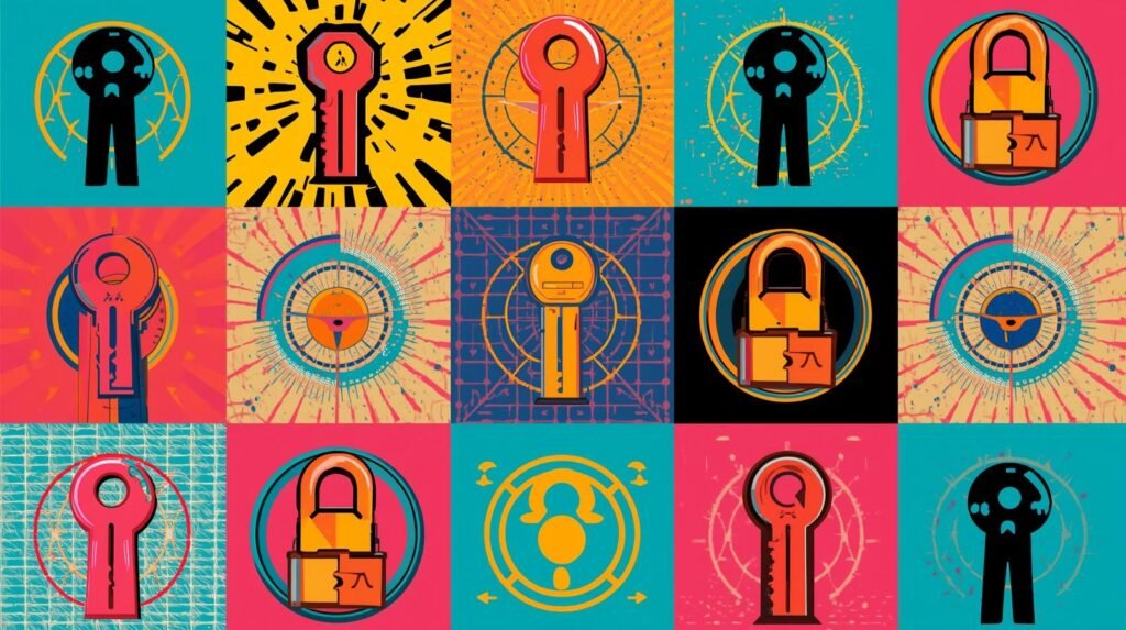 Colorful collage of keys and locks in vibrant, geometric pop art style.