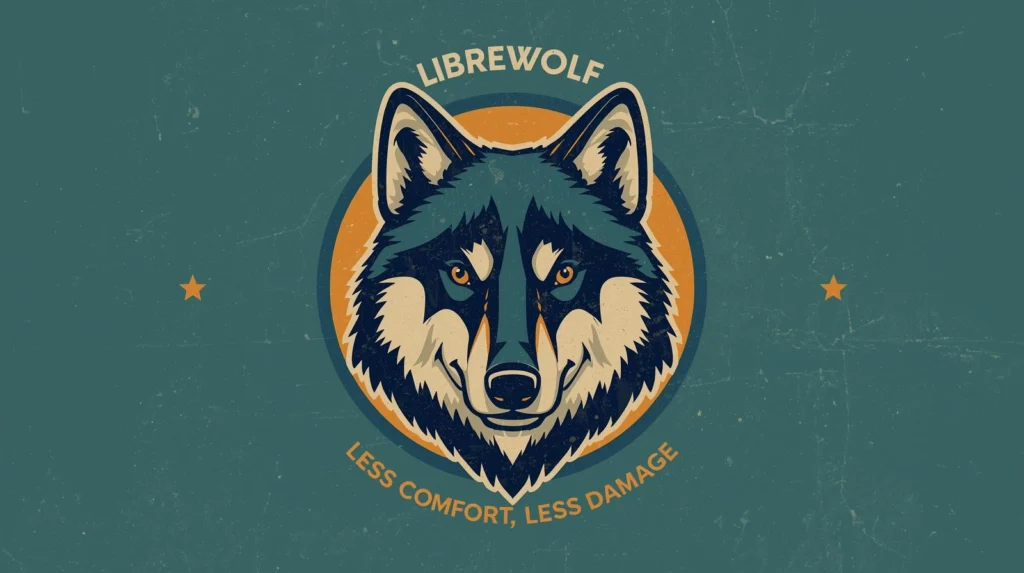 Stylized LibreWolf logo: wolf head on teal, orange circle, bold text.
