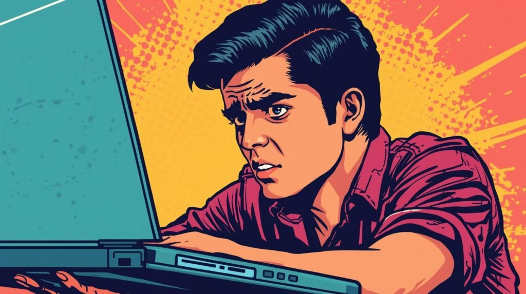 Pop-art style illustration of a focused man using a laptop, amidst vibrant colors and dynamic background.