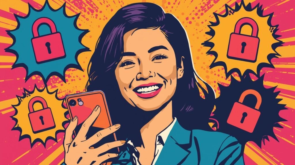 Vibrant pop art of a smiling woman with smartphone, emphasizing digital security and privacy.
