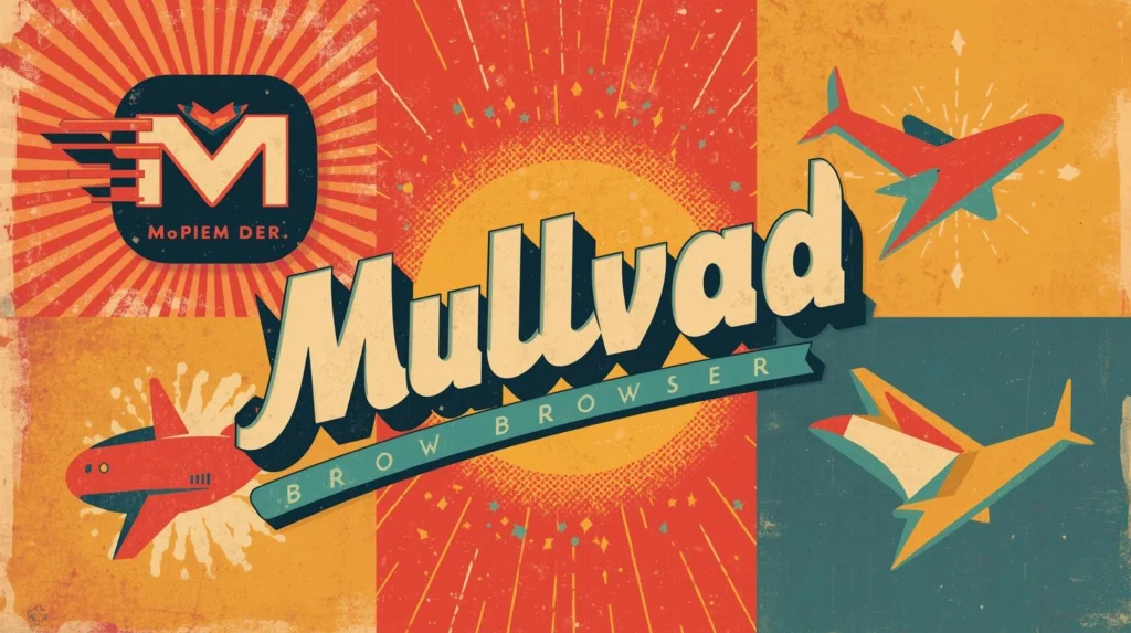 Vintage-style Mullvad browser design with retro planes, bold text, and dynamic starburst patterns.
