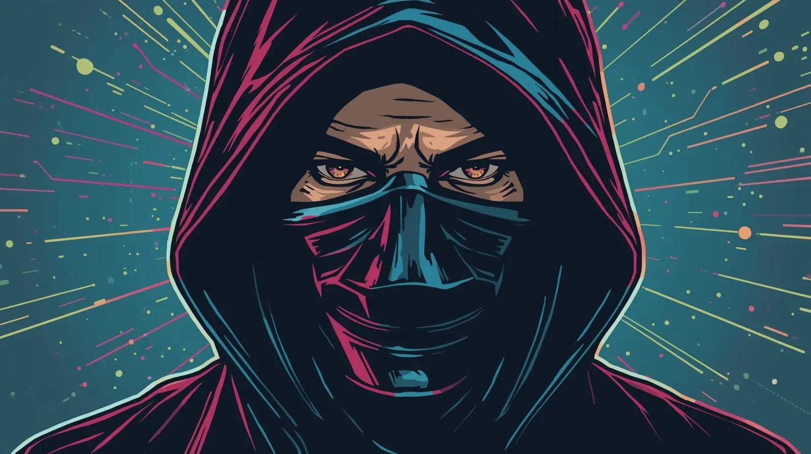 How to Install and Use Tails OS for Safe Dark Web Access 1 Mysterious hooded figure with intense eyes, graphic novel style, neon accents, dark background.