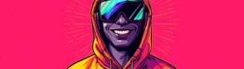 Vibrant neon illustration of a hoodie-wearing figure with reflective sunglasses and stylized halo.