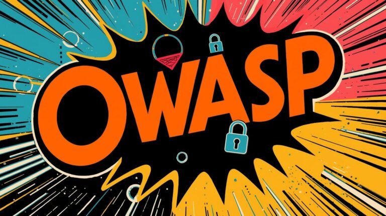 Dynamic OWASP logo with comic burst, vibrant colors, security padlocks, and global motif.