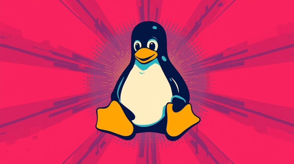 Cartoon penguin illustration with vibrant magenta background and dynamic effects.