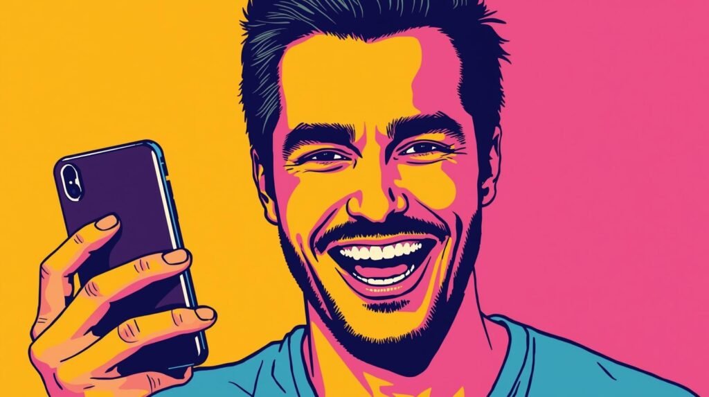 Saily Ultra Review: A Premium eSIM Subscription Explained 🧬 3 Pop art portrait of a smiling man holding a smartphone, featuring bright colors.