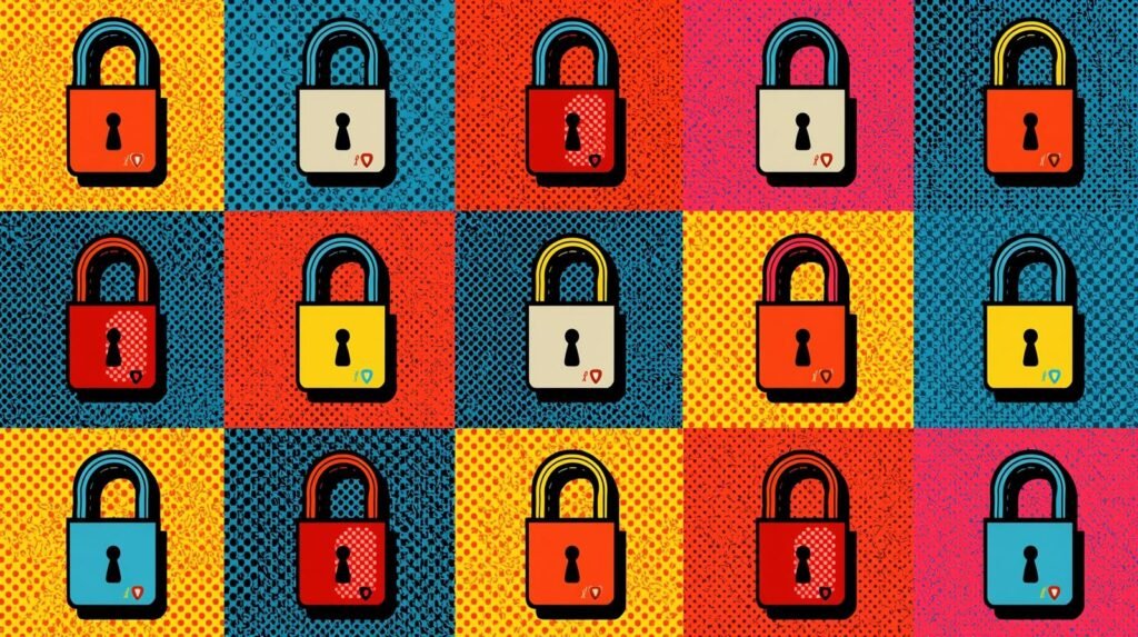 Pop art grid of colorful padlocks with vibrant backgrounds and textured patterns.