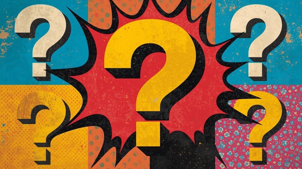 Pop-art image of vibrant question marks on dynamic red, yellow, and blue backgrounds.