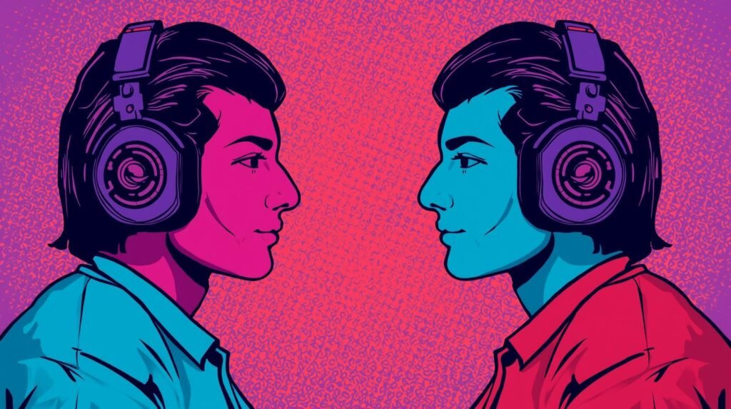 Pop art illustration of mirrored profiles with headphones in vibrant colors.