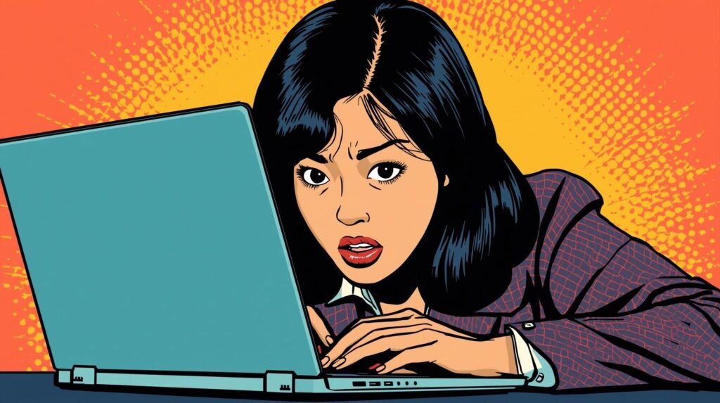 Pop art woman surprised at laptop, bold vibrant style, expressive comic book feel.