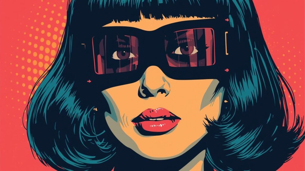 Vibrant pop art portrait of woman with sunglasses, bold colors, sleek bob haircut.