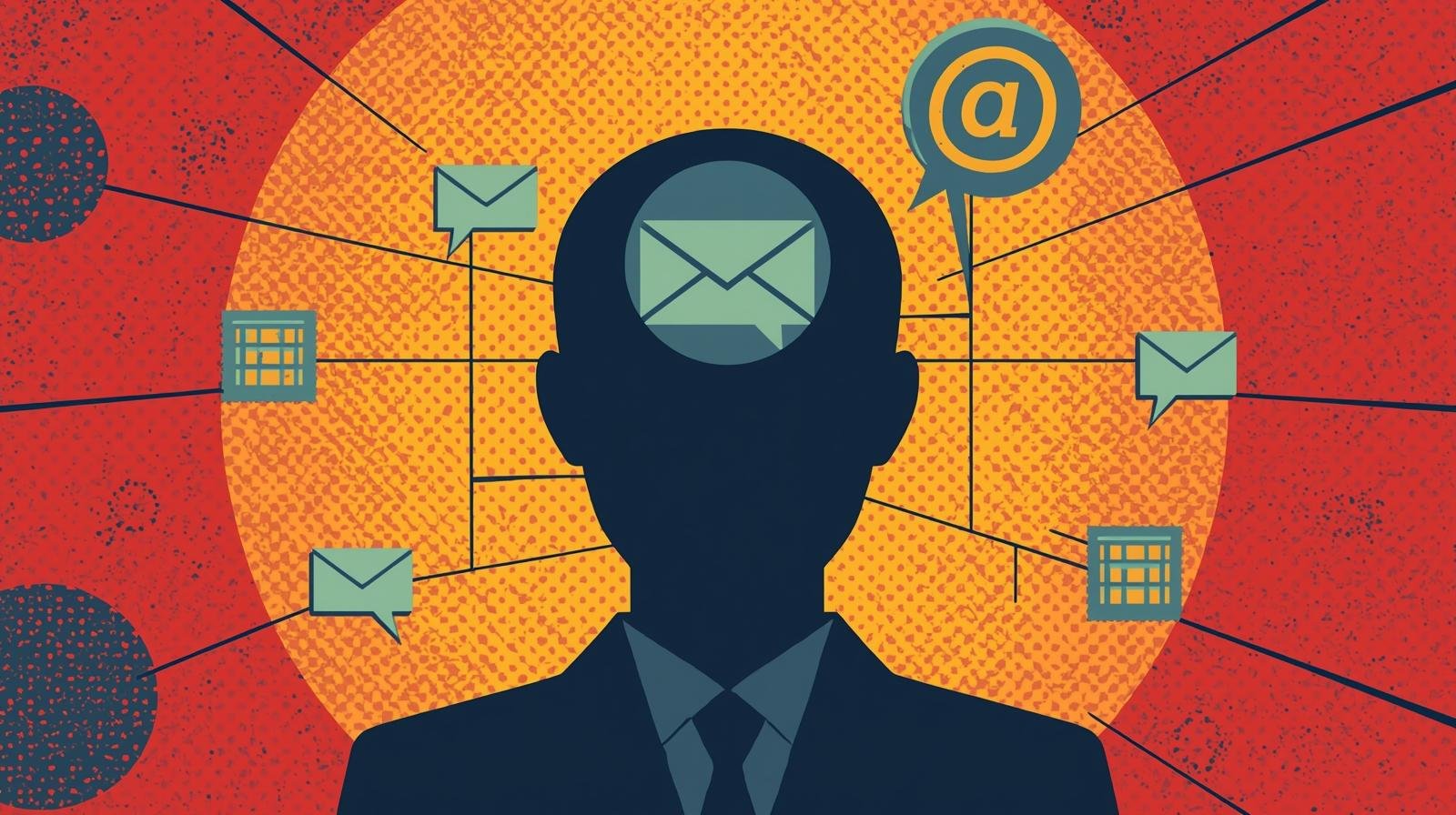 Email as the Backbone of Your Digital Identity 🧿 1 Business silhouette with communication icons on vibrant gradient background, highlighting digital connectivity.