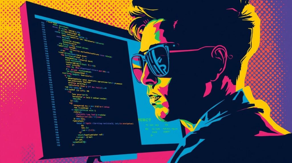 Web Application Penetration Testing for Beginners: Step‑by‑Step Guide 🔍 7 Pop-art style illustration: person coding on computer with vibrant colors and reflective sunglasses.