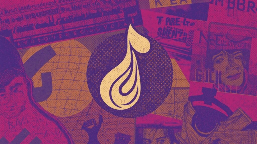 Collage featuring a dynamic flame emblem, bold graphic elements, and vibrant magenta, purple, and orange hues.