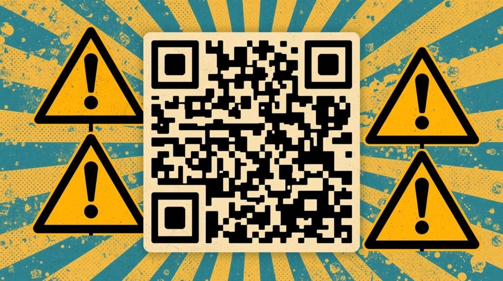 QR Code Phishing Explained: How Quishing Steals Logins via QR Codes 🧩 4 QR code with caution signs and retro sunburst background design.