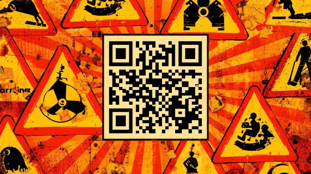 QR Code Phishing Explained: How Quishing Steals Logins via QR Codes 🧩 3 Striking QR code with vivid warning signs and dynamic urban background for caution-themed artwork.