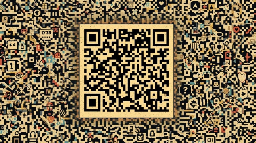 QR Code Phishing Explained: How Quishing Steals Logins via QR Codes 🧩 7 QR code centered with vintage tech icons on an aged, textured background.