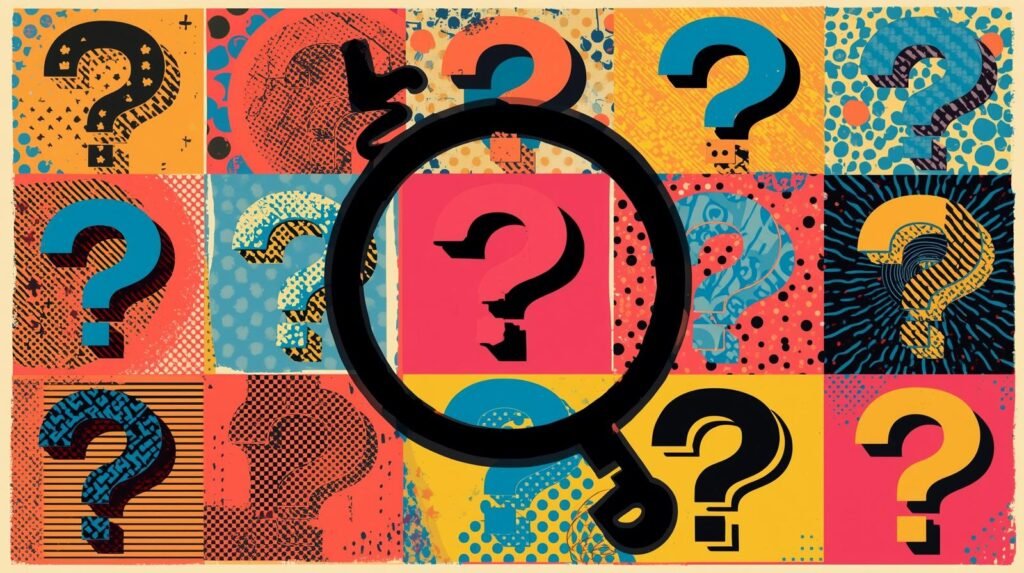 Pop-art collage of colorful question marks with diverse backgrounds and a central magnifying glass.