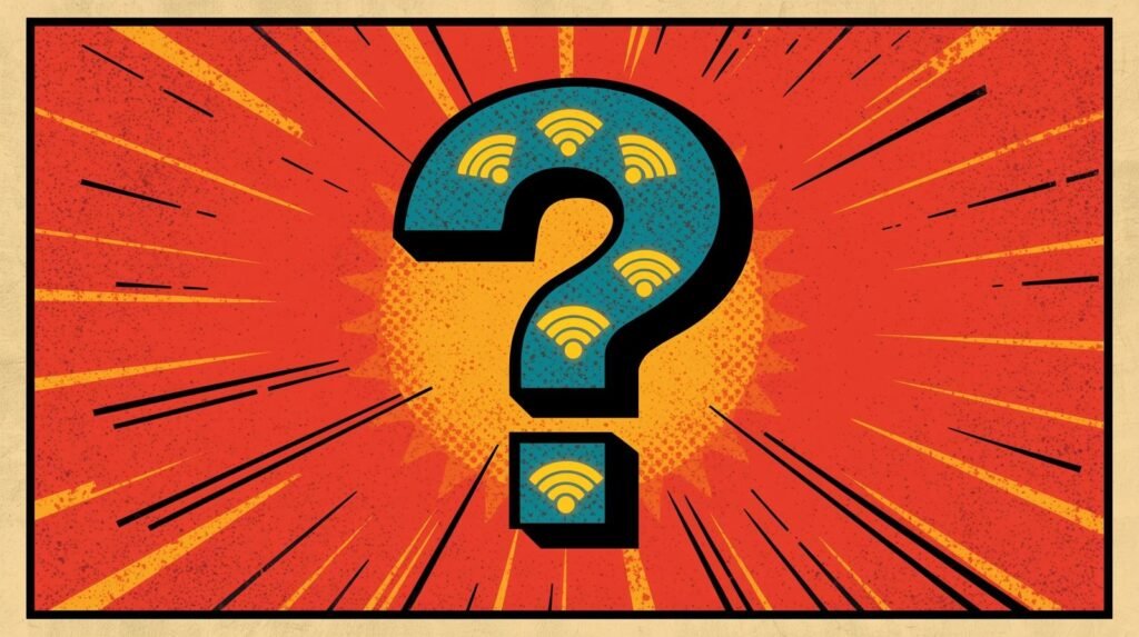 WiFi Monitor Mode Explained: Sniffing Networks the Ethical Way 🧠 6 Question mark with Wi-Fi symbols on an explosive, comic-style background.