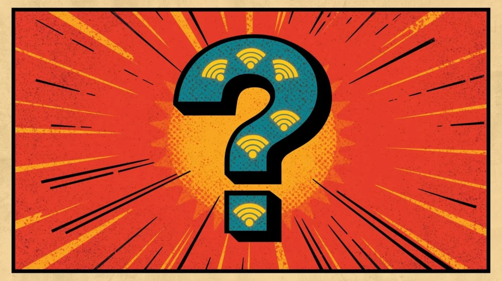 WiFi Monitor Mode Explained: Sniffing Networks the Ethical Way 🧠 6 Question mark with Wi-Fi symbols on an explosive, comic-style background.