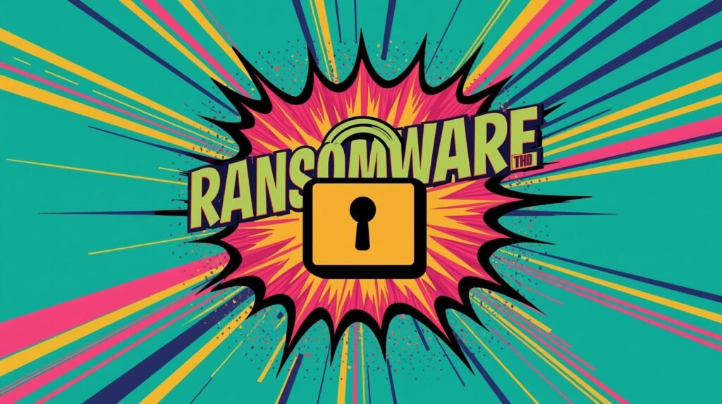 Comic-style image of RANSOMWARE with padlock, vibrant colors, symbolizing cybersecurity threat.