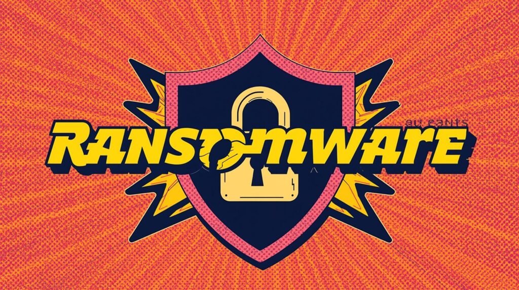 Comic-style ransomware alert with shield, padlock, and vibrant lightning in halftone background.