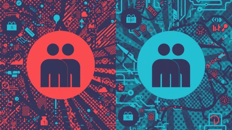 Purple Teaming Cybersecurity Explained: How Red and Blue Teams Really Work Together 🧬 10 Dual-tone composition of human figures amid technological symbols highlighting innovation and connectivity.