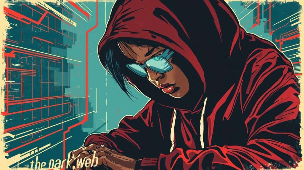 Hacker in red hoodie navigating the dark web, surrounded by digital symbols and anonymity.