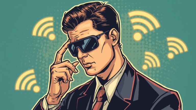 Pop-art illustration of a tech-savvy professional adjusting sunglasses, with Wi-Fi symbols.