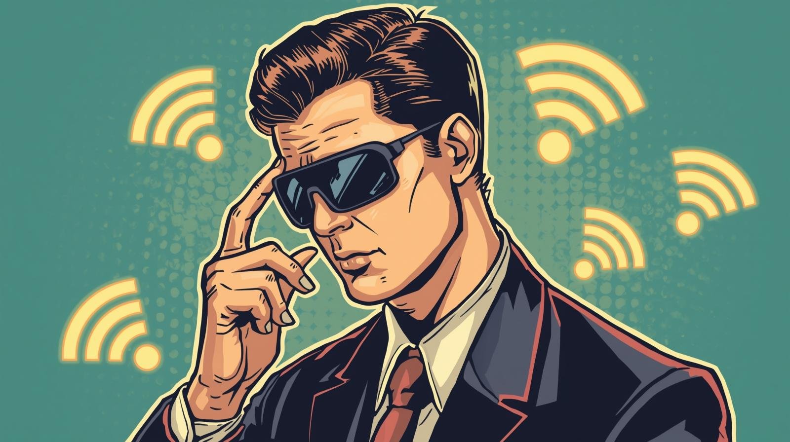 WiFi Monitor Mode Explained: Sniffing Networks the Ethical Way 🧠 1 Pop-art illustration of a tech-savvy professional adjusting sunglasses, with Wi-Fi symbols.