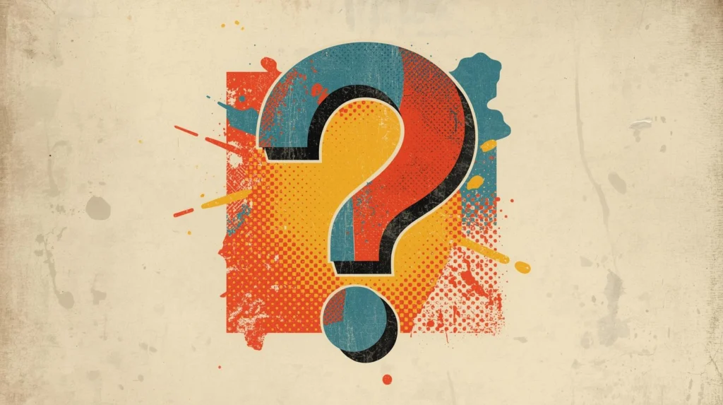 Retro pop art question mark with vibrant colors on a textured vintage background.