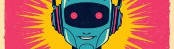 Retro-futuristic robot with headphones, glowing eyes, and vibrant cosmic background.