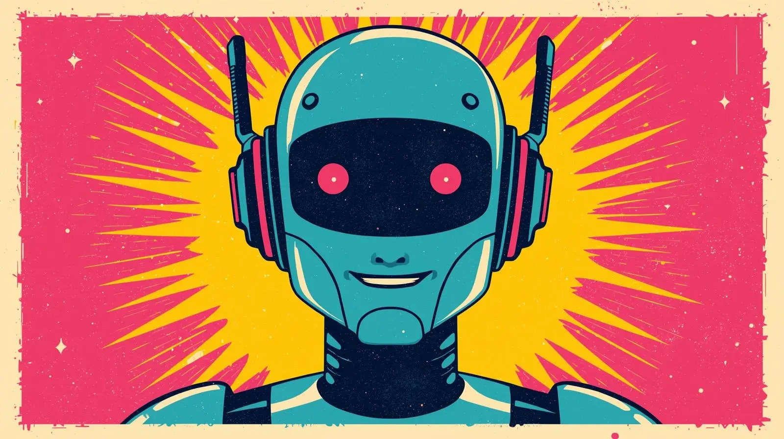 Retro-futuristic robot with headphones, glowing eyes, and vibrant cosmic background.