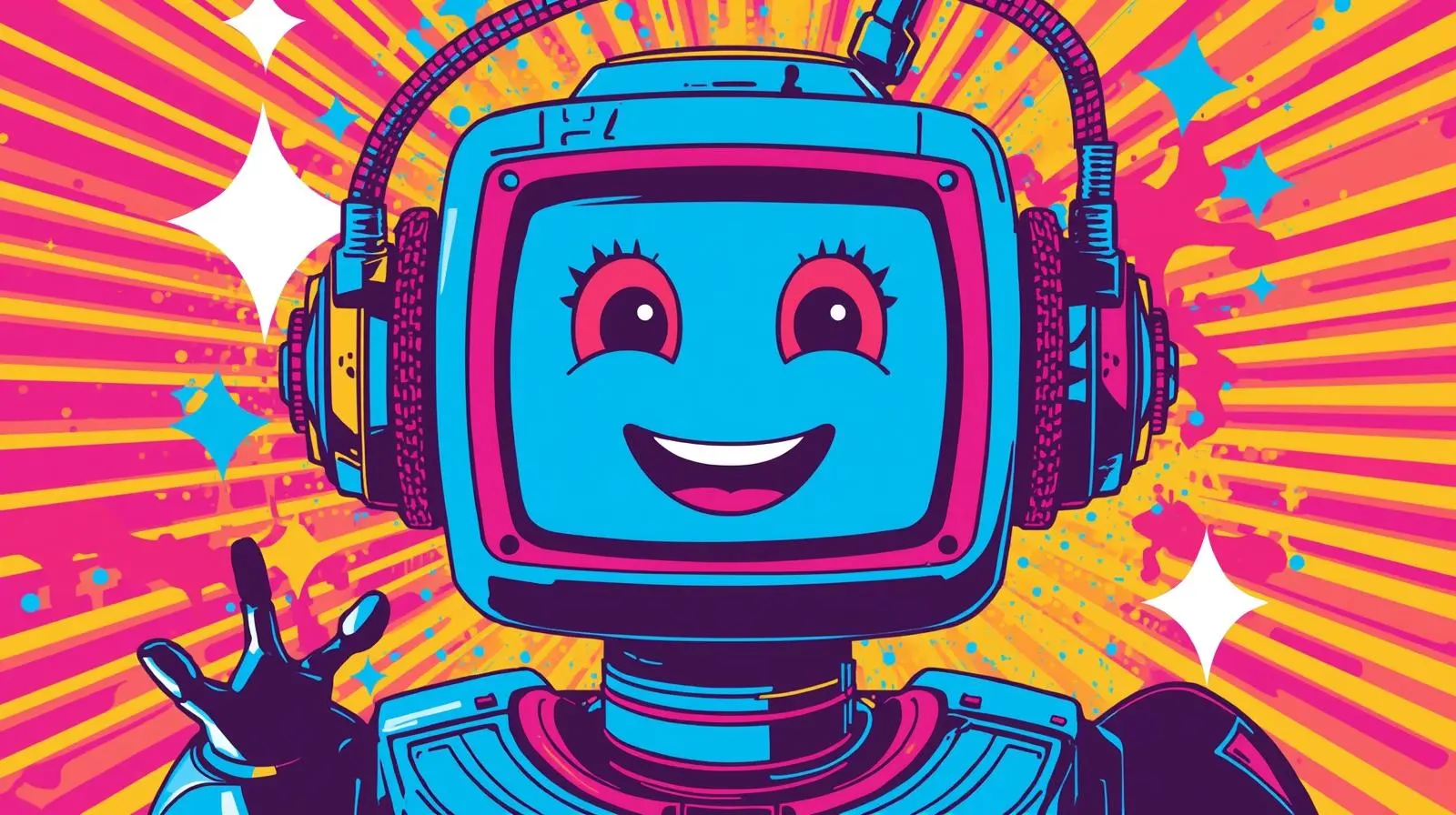Friendly retro robot with colorful design, headphones, and dynamic background.