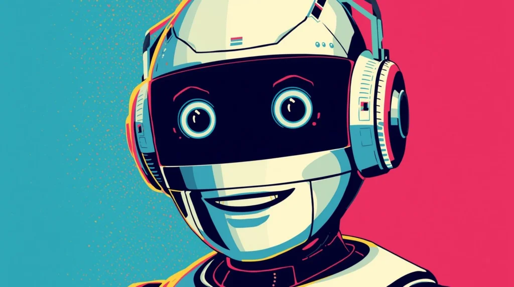 Friendly futuristic robot with headphones against vibrant turquoise and pink background.