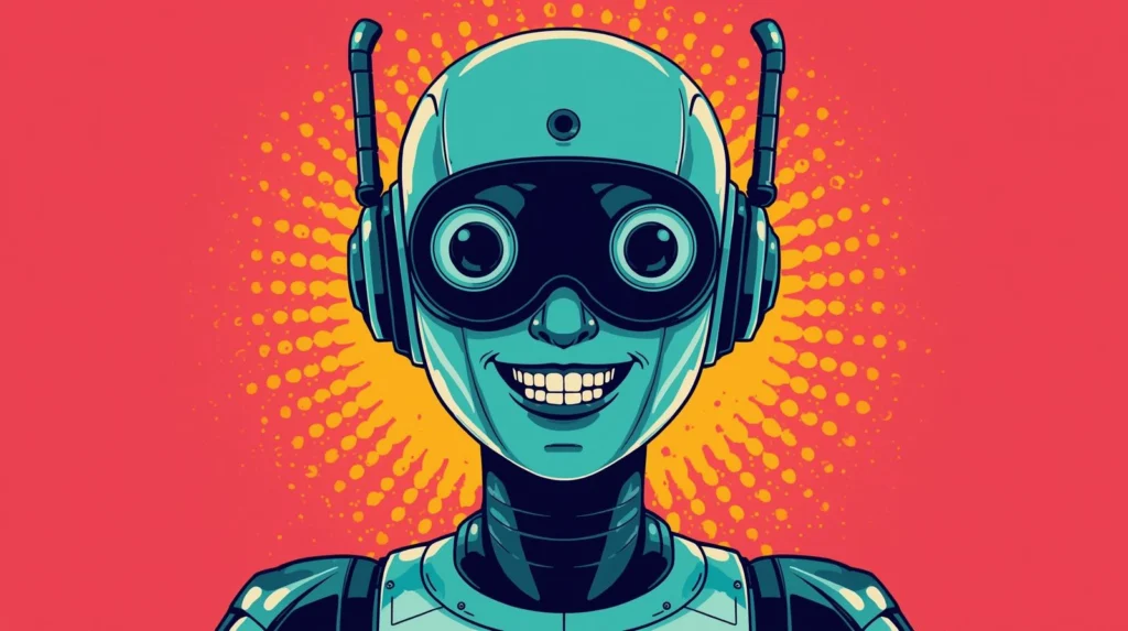 Cheerful retro-futuristic robot with antennas, vibrant colors, and comic book pop art background.