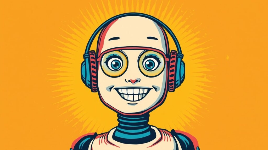 Robin AI: Ethical Dark Web Research Without Losing OPSEC 🔍 6 Cheerful robot with headphones and sunburst background, showcasing vibrant colors and expressive features.
