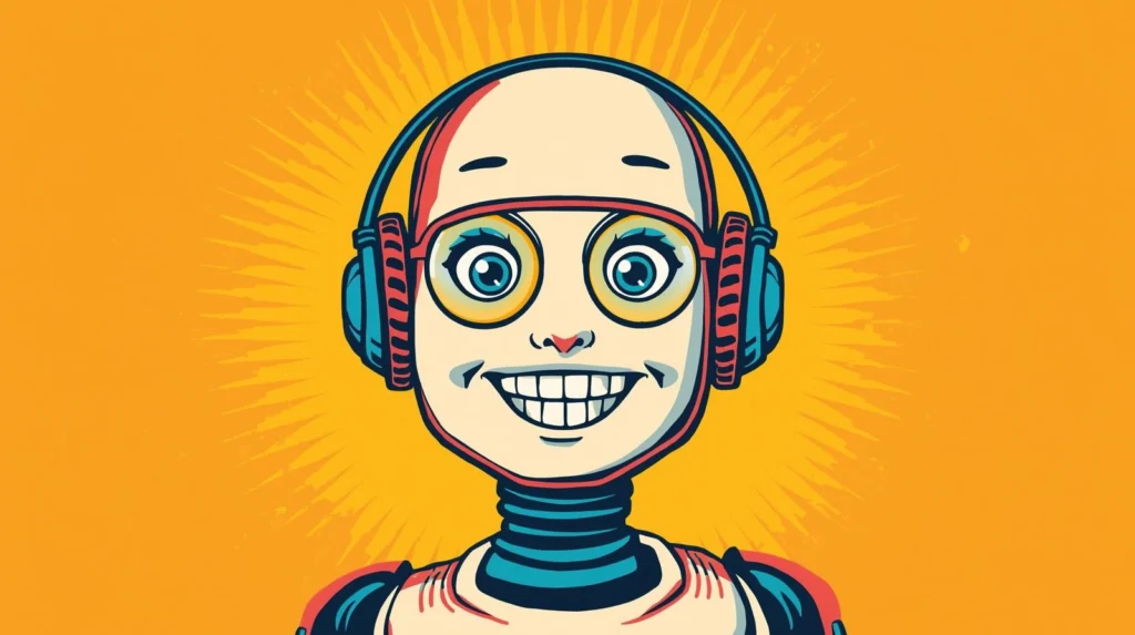 Cheerful robot with headphones and sunburst background, showcasing vibrant colors and expressive features.