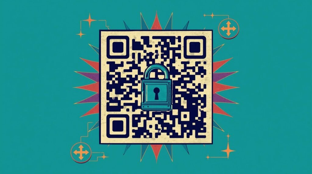 QR Code Phishing Explained: How Quishing Steals Logins via QR Codes 🧩 6 Stylized QR code with padlock, digital design, security theme, teal background, futuristic elements.