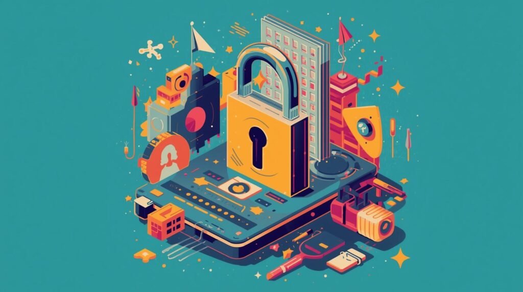 Linux Disk Encryption Explained: How LUKS Actually Protects Your Data 🧲 5 Cybersecurity illustration with padlock, biometric fingerprint, microchip, and digital network symbols.