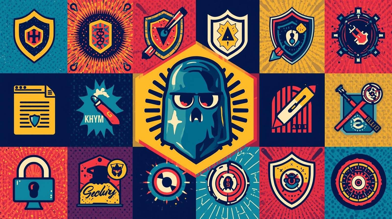 Threat Hunting Lab for Beginners: Build Your Own Mini SOC 🎯 1 Security icons collage with skull, shields, rocket, web symbols, and protection themes.