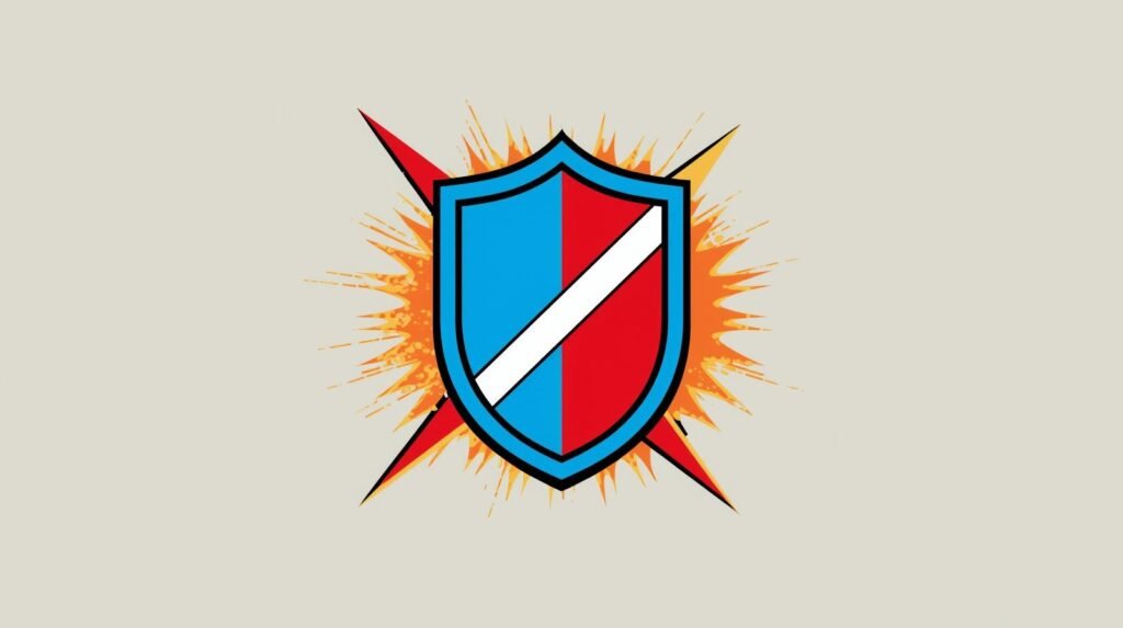 Shield with blue and red halves, white diagonal stripe, orange burst background.
